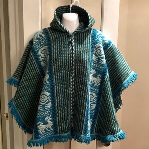 Woven Hooded Poncho with Fringe
